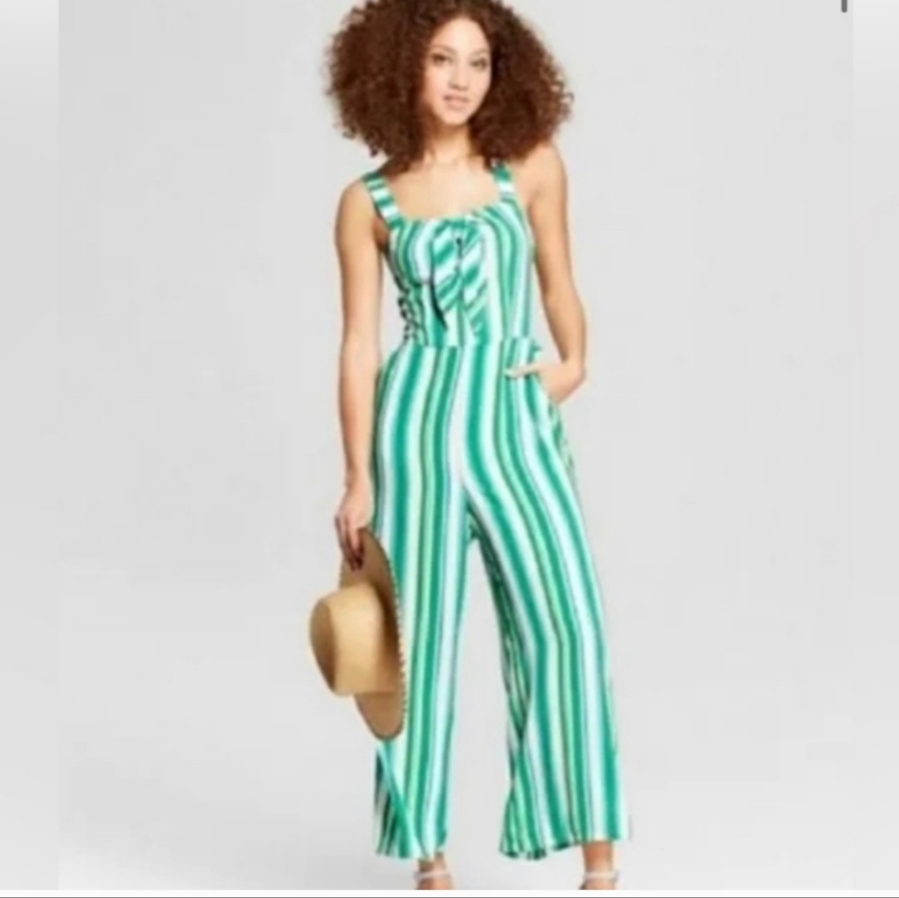 Beautiful  Green, Blue & White Stripe Jumpsuit